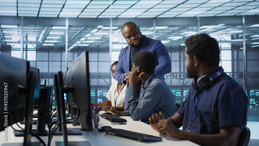 Poster data center team leader supervising engineers implementing ai predictive maintenance systems. server