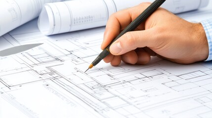 Hand drawing on architectural blueprints