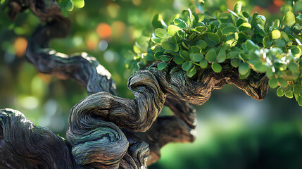 Artistic tree sculpture with twisting trunk and lush foliage, showcasing natural beauty and creativity. [Temporal Gardens] | Quantum Roots | uncertain sprout. Illustration