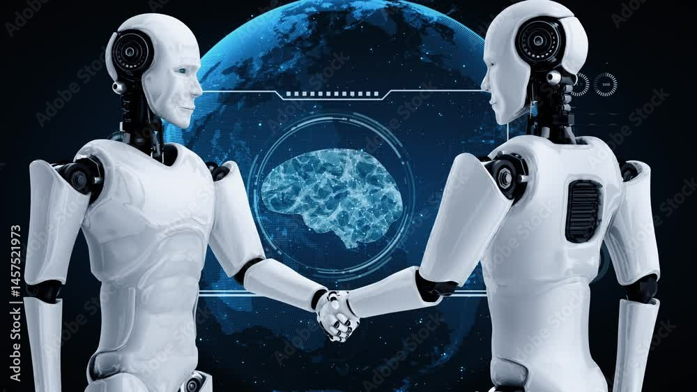 Poster 3d rendering hominoid robot handshake to collaborate future technology development by ai thinking br