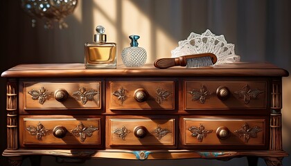 Vintage Kommode mit Haarbürste und Parfumflakon