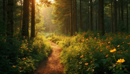 Obraz premium A peaceful hiking trail winds through a sun-drenched summer forest with golden light filtering through a leafy canopy, blooming wildflowers and a tranquil, people-free atmosphere