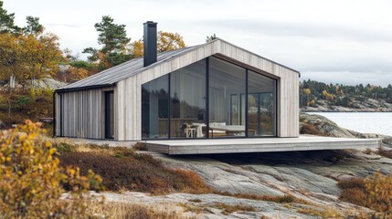 Obraz premium Modern Wooden Cabin On Rocky Shore With Panoramic Windows. Secluded Retreat For Nature Lovers. Serene Getaway.