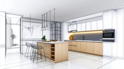 Modern kitchen design architectural sketch light wood central island