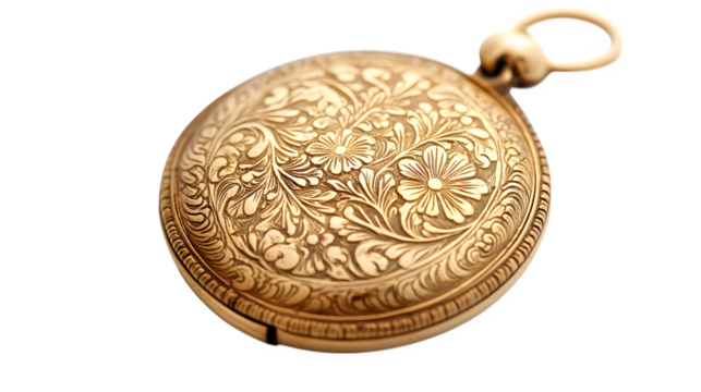A detailed close-up of an antique gold locket with intricate floral engravings, isolated on white background
