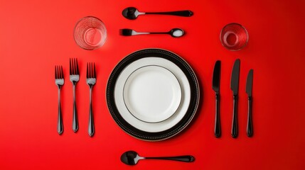 Modern table setting with black cutlery on red
