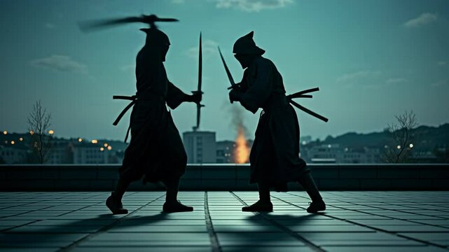 Ninjas clash on a rooftop under moonlight with shurikens and blades in a fierce battle