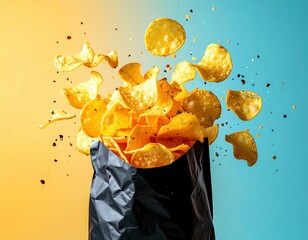 Crispy potato chips flying out of open snack bag on colorful background