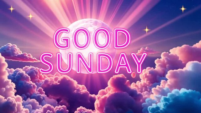 Good sunday text in pink neon with clouds and stars under a bright sunlit sky illustration