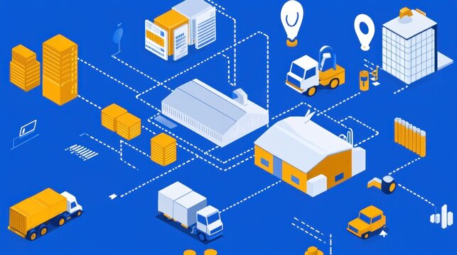 Isometric illustration of global supply chain network logistics and transportation system