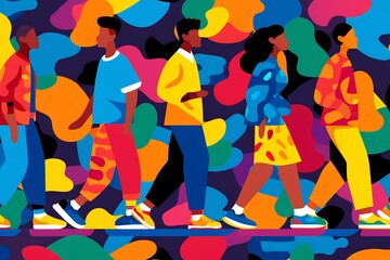 Abstract colorful pattern of multicultural people in various poses, representing social diversity