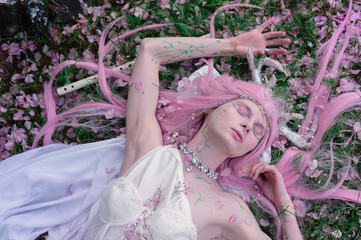 Deer dryad girl against the background of a blooming pink apple tree