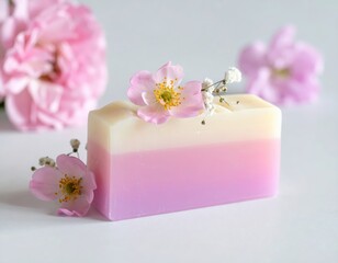 A pastel pink and white artisanal soap rests gently on a surface, adorned with delicate cherry blossoms, evoking springtime freshness and natural beauty.