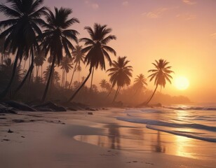 Fototapeta premium Distressed film effect highlights a tranquil tropical beach, palm trees silhouetted against a hazy sunset , tropical, texture, paradise