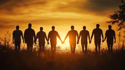 Fototapeta premium Eight unified silhouettes stand against a vibrant sunset, hand in hand, epitomizing strength, unity, and the shared beauty of a fleeting moment in life.