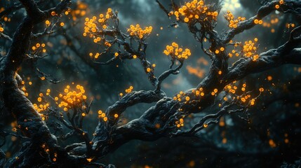 Mystical forest with luminous blossoms.  Dark, gnarled branches adorned with glowing, amber flowers.  Enchanted, ethereal atmosphere