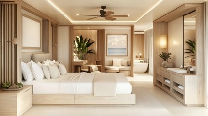 Coastal-inspired minimalist bedroom with neutral fabrics, light wood, and uncluttered surfaces