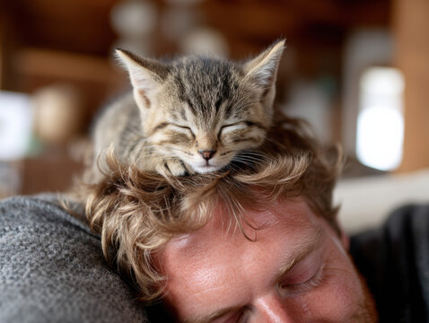 Cat naps peacefully on man's head in cozy indoor setting