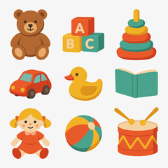 Flat Vector Set of Children's Toys &ndash; Teddy Bear, Rubber Duck, Car, Ball and More