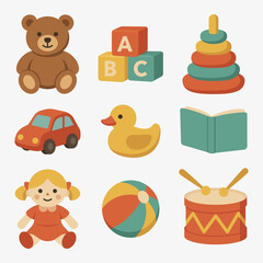 Flat Vector Set of Children's Toys &ndash; Teddy Bear, Rubber Duck, Car, Ball and More