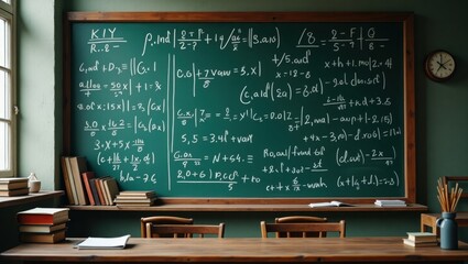Chalkboard with mathematical formulas and equations – vintage classroom background