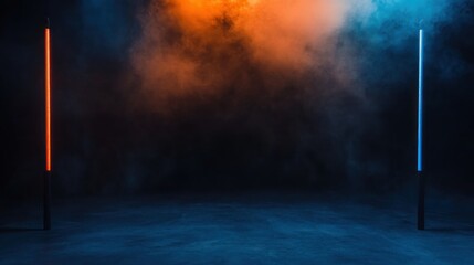 Neon lit empty studio background with smoke