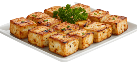 Delicious grilled paneer cubes served on a platter against a black background