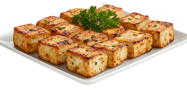 Delicious grilled paneer cubes served on a platter against a black background