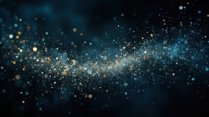Countless glowing particles stream outward across a dark backdrop, creating a cosmic explosion effect. Shades of blue and gold enhance the depth, giving the image an ethereal, galactic quality.