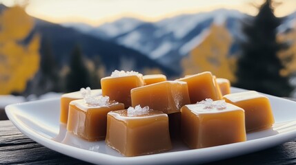 A set of salted caramel treats sits beautifully arranged on a white plate, offering a contrast to the picturesque view of snowy mountains in the backdrop.
