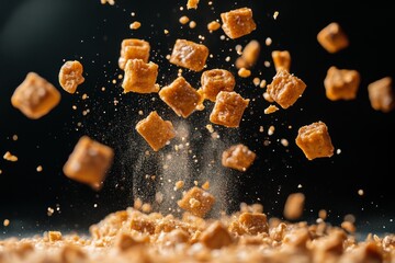 Cereal squares explode in a dynamic burst mid-air, surrounded by fine particles, capturing the vibrancy and liveliness of a breakfast filled with energy and motion.
