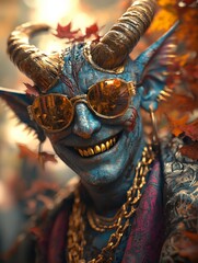 A fantastical blue-skinned creature with golden horns, sunglasses, and ornate jewelry, surrounded by vibrant autumn leaves, exuding a whimsical energy.