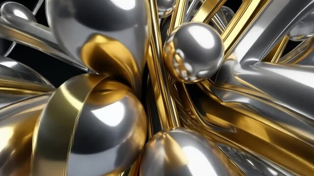 Abstract rendering of metallic spheres and flowing ribbons of gold and silver design art