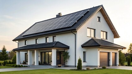 Modern white house with a dark roof covered in numerous solar panels, symbolizing renewable energy and sustainable living in residential architecture.
