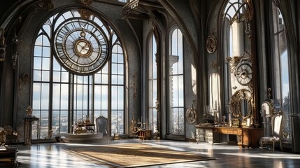 Fototapeta premium Steampunk Interior With Clock. Gothic Architecture, Luxurious Decor And Panoramic Windows In This Vintage-Inspired Room.