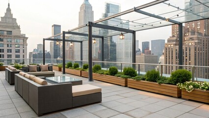 Modern rooftop terrace with stylish outdoor furniture and lush greenery, offering a stunning view of the city skyline at dusk.
