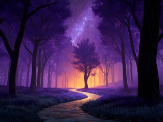 Winding dirt path leading into surreal glowing forest