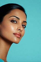 Naklejka premium South Asian woman in her 30s with neat eyebrows and glossy lips on pastel blue background