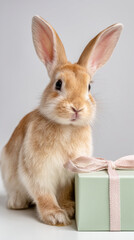 Fototapeta premium Adorable rabbit with gift ribbon around neck sitting beside present for holiday celebration