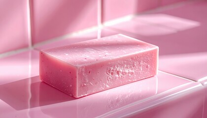 A vibrant pink bar soap rests on a glossy, tiled surface, suggesting a fresh, clean, and spa-like atmosphere.