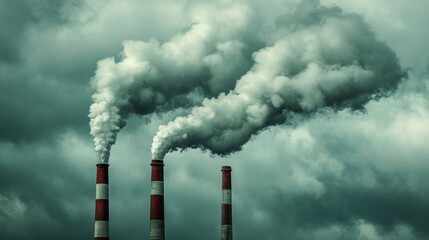 Industrial chimneys emitting smoke into cloudy sky