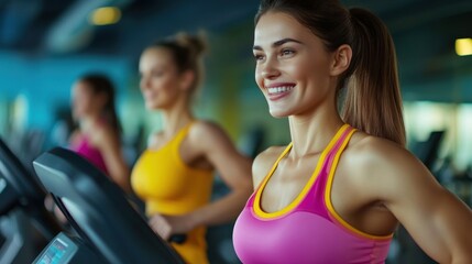 Fototapeta premium Woman running on treadmill at the gym