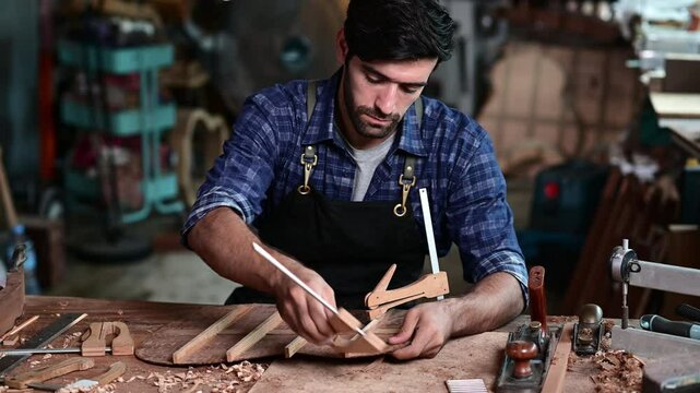 Luthier making top of guitar using traditional tools in workroom with manual tools, arts and craft concept