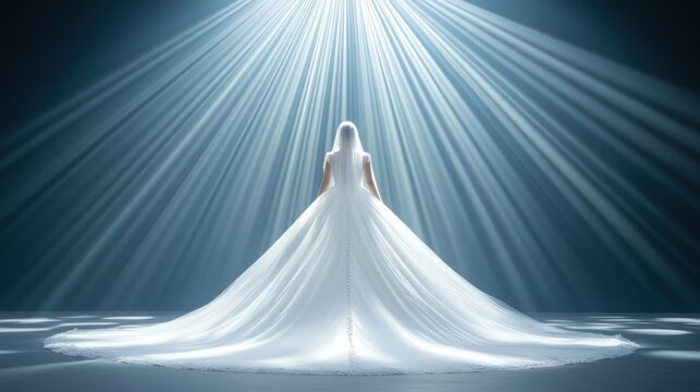 Elegant bride in flowing white wedding gown dramatic lighting studio portrait