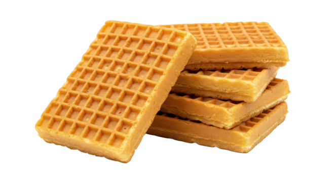 A stack of rectangular waffles showcasing their golden brown color and grid pattern on a light background