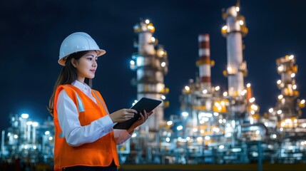 Female engineer using tablet at night industrial plant
