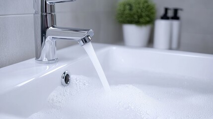 Water flowing from faucet into sink with soap bubbles