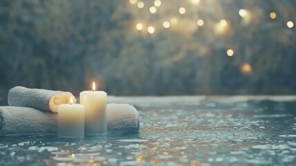 Relaxing spa scene with candles and towels on water surface