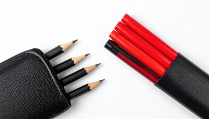 Pencils spill from a black leather pencil case, offering creative tools for artistic endeavors or back-to-school preparations.