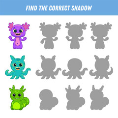 Find correct shadow of cute monsters. Educational logical game for kids. Halloween game. Cartoon monsters. Vector